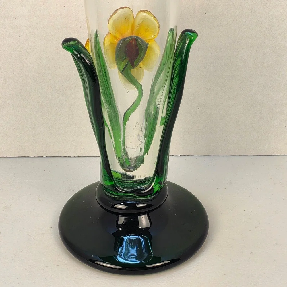 Vintage Czech Glass Flower Vase Yellow Green‎ Hand Blown Unbranded Ruffle Rim